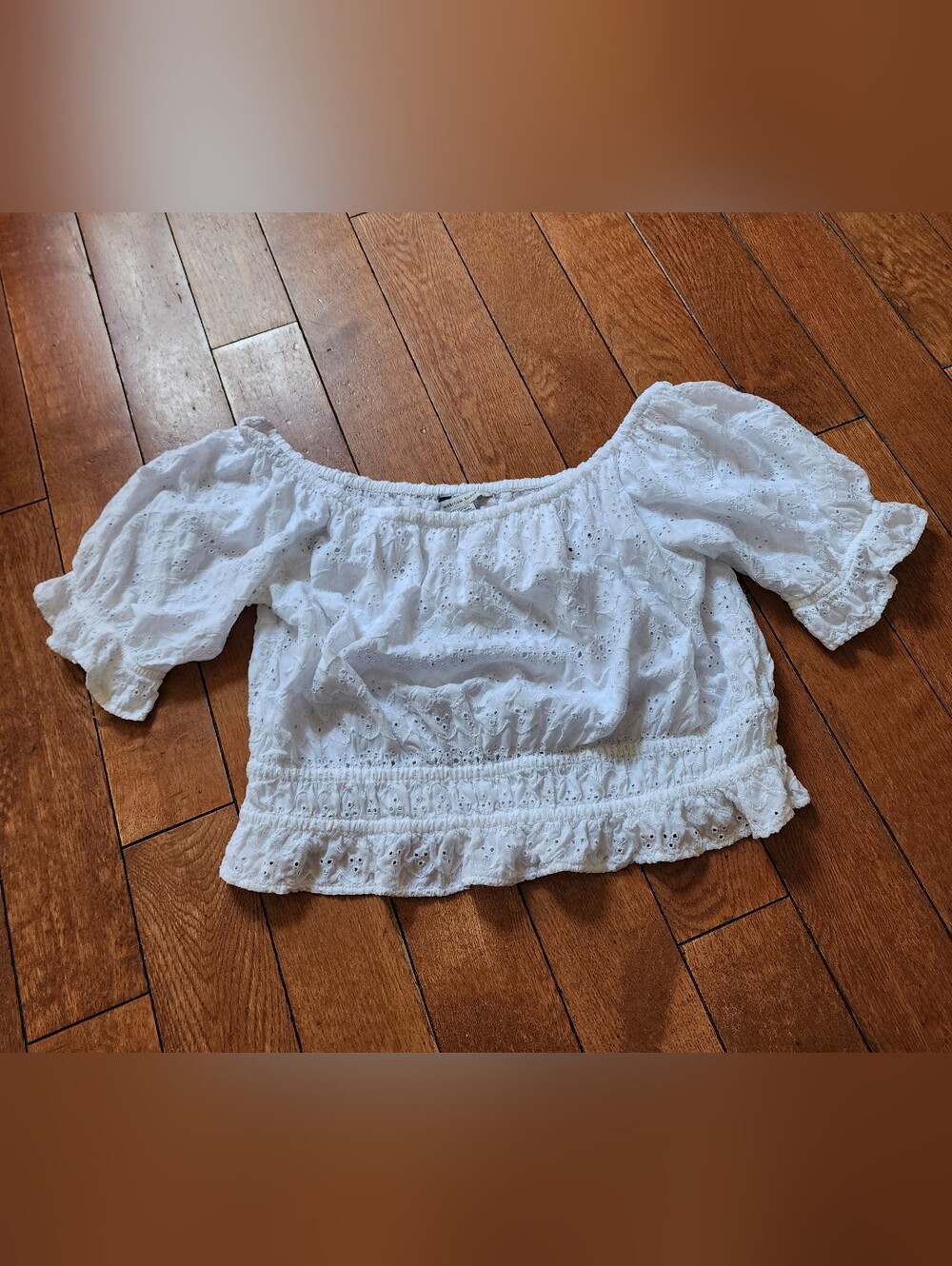 American Eagle White Eyelet Off-Shoulder Crop Top - Women's Sz Medium Boho Puffy